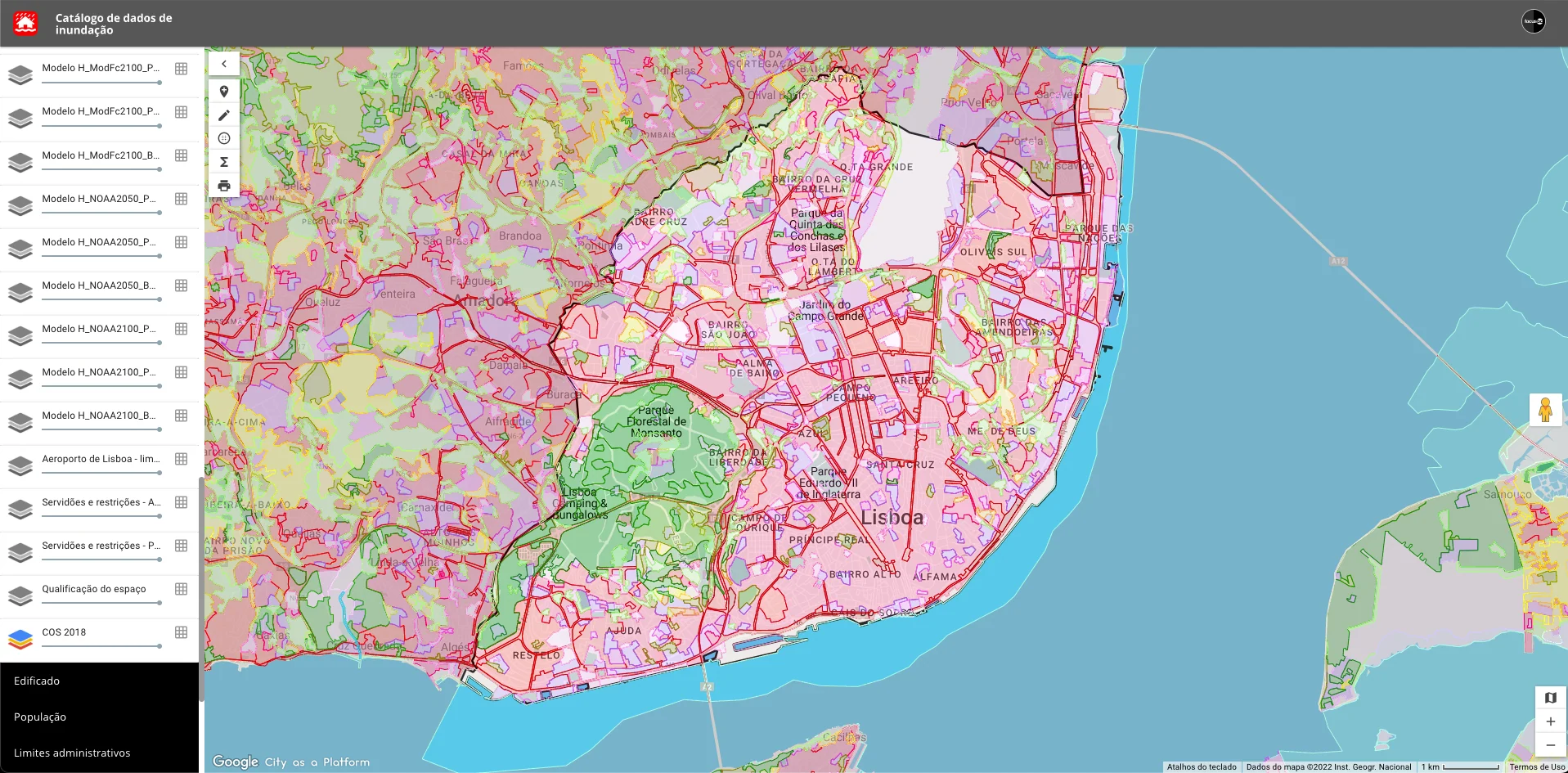 Comprehensive Lisbon map displaying land use classifications and flood risk zones with multiple colored overlays and infrastructure layers.